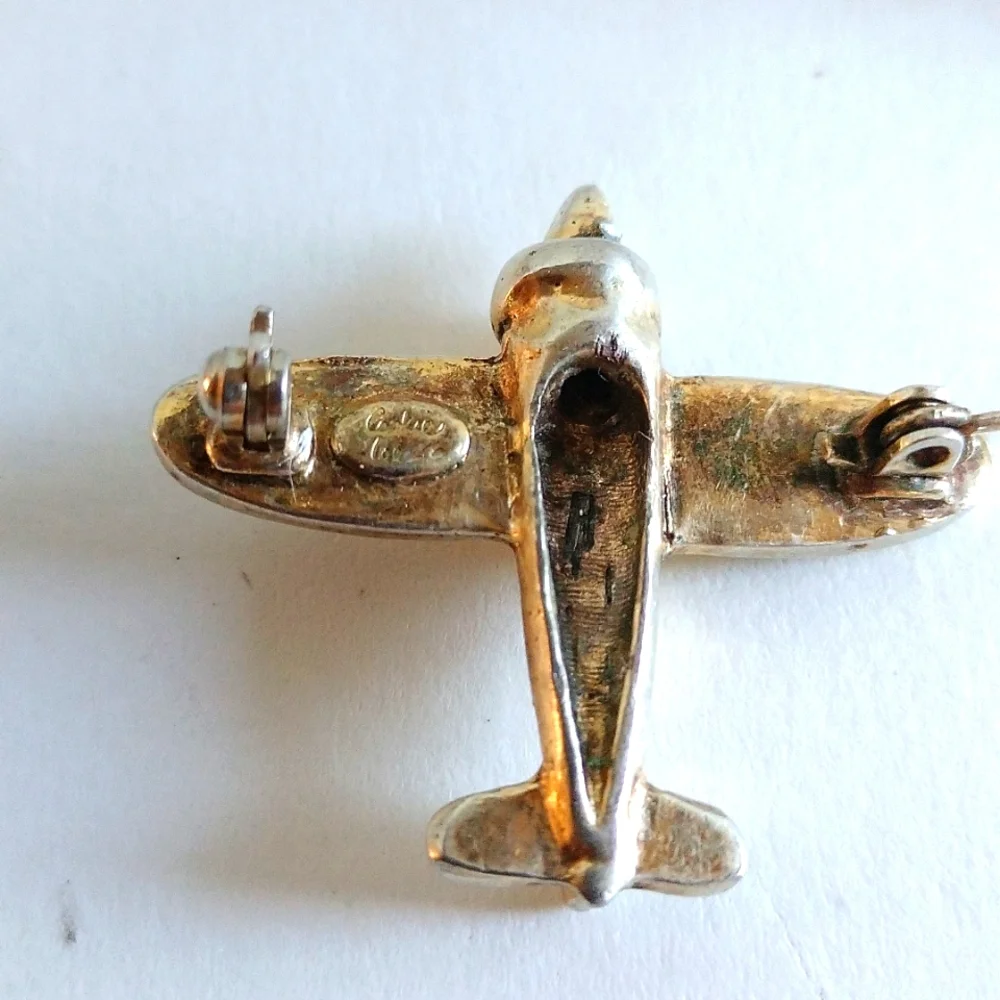 VINTAGE COOK L SOLID SILVER PIN AIRPLANE CRYSTALS SIGNED HALLMARKS